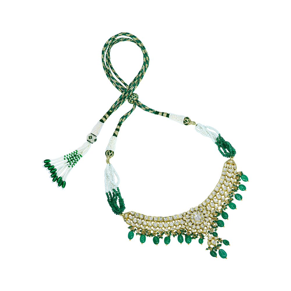 Polki Diamond Necklace with Captivating Design and Emerald Drops